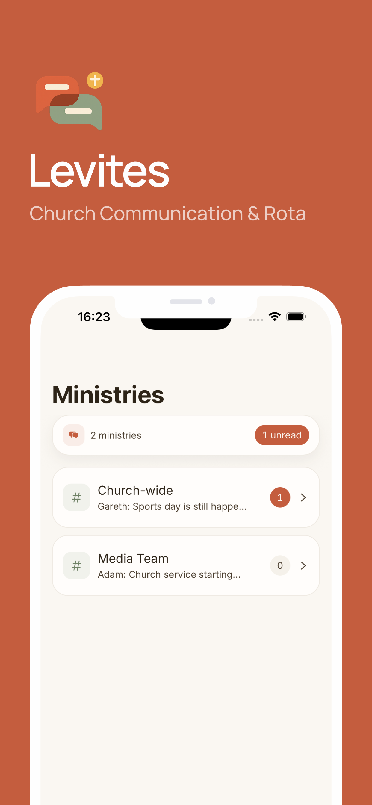 Levites ministries screen showing multiple church ministry teams organised in one workspace