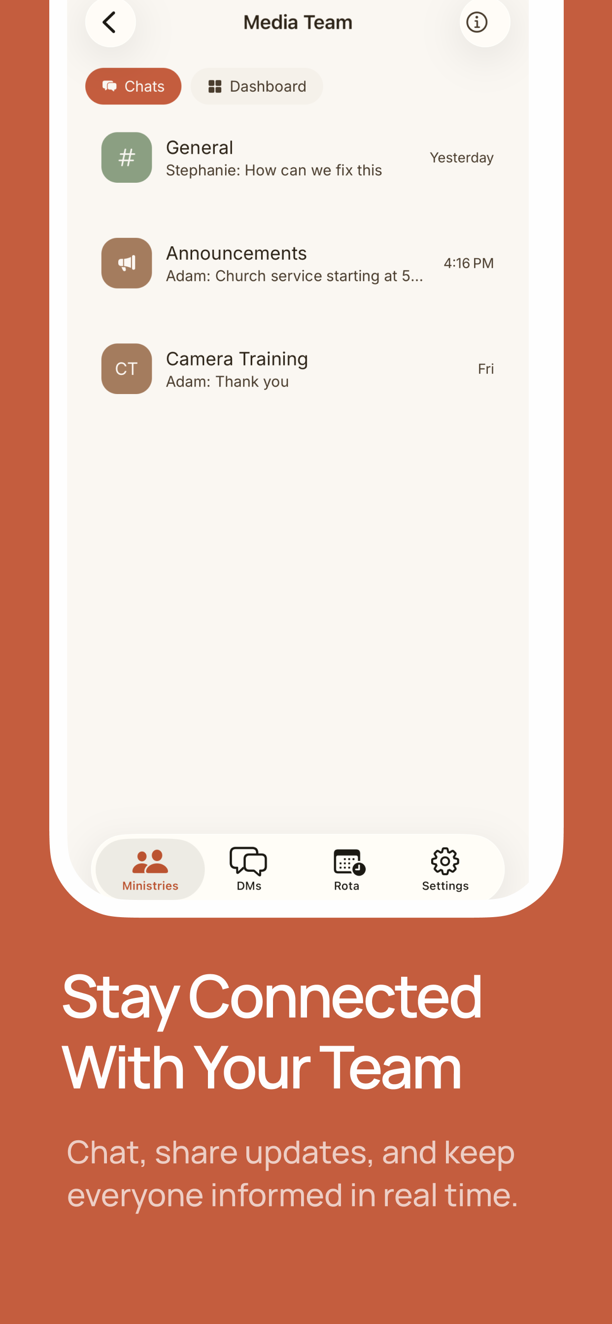 Levites church communication app showing organised team channels — General, Announcements and Camera Training — as a WhatsApp alternative