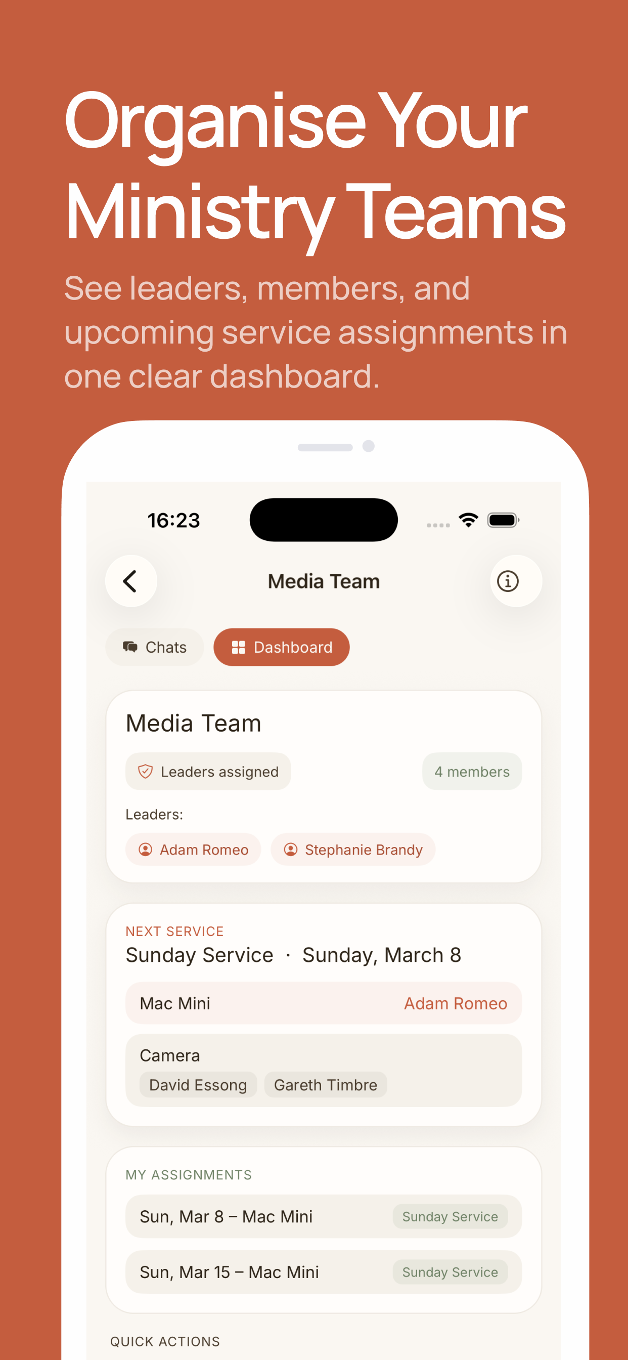 Levites church rota app showing a media team dashboard with next service role assignments and personal assignments